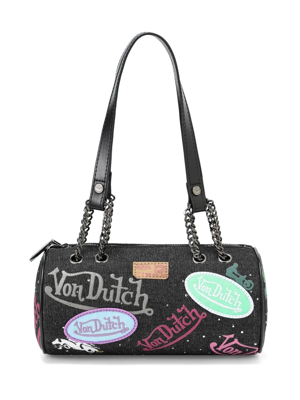 Von Dutch Black Logo Patch Barrel Shoulder Bag